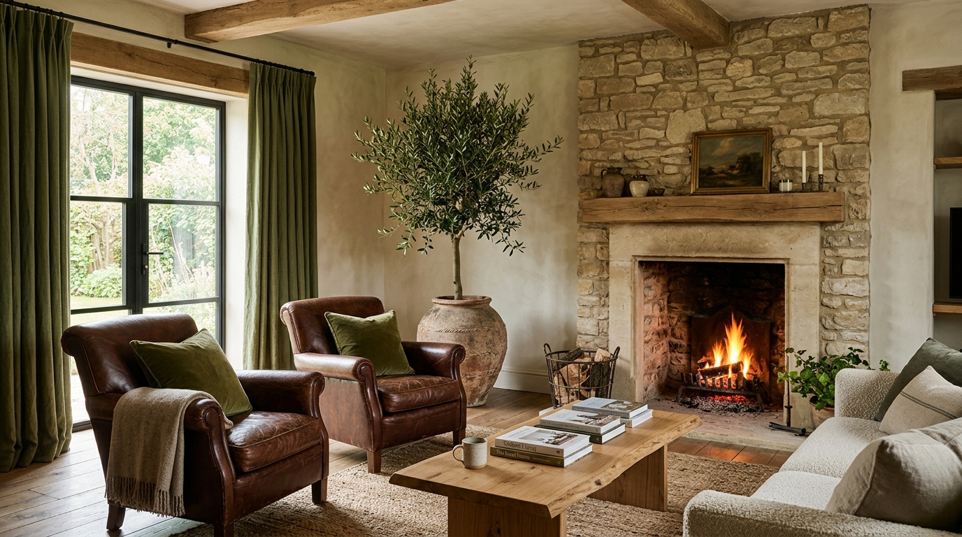 Chocolate Brown and Olive Green Earthy Living Room